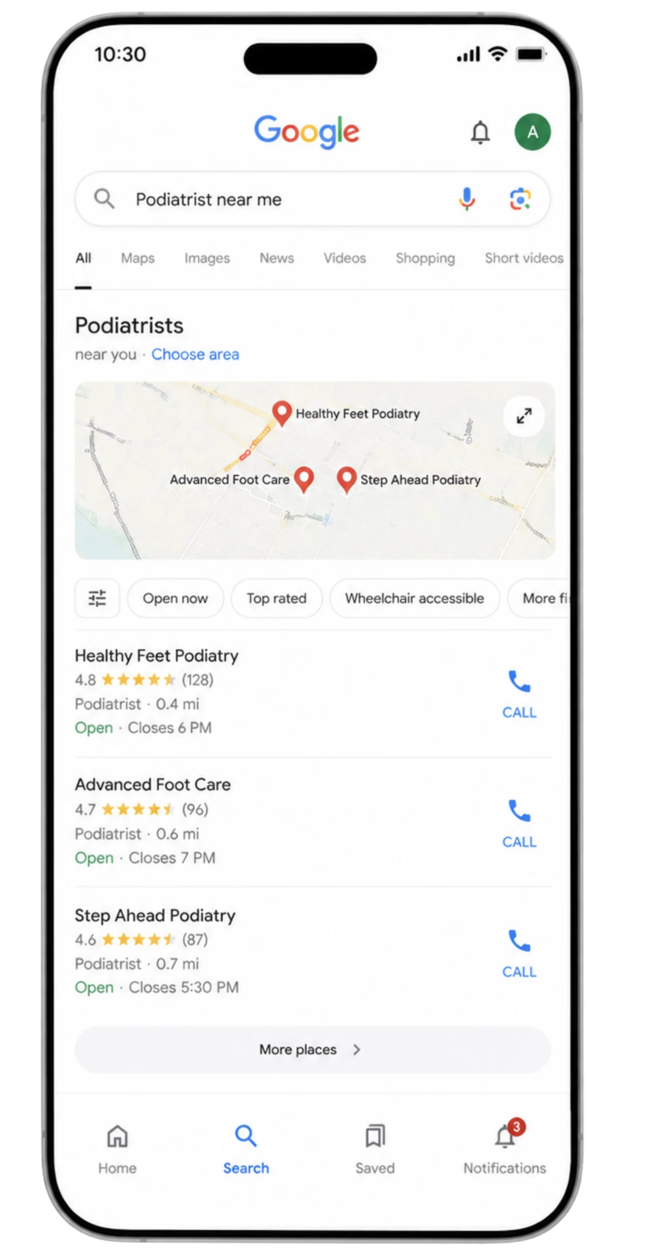Google search results for podiatrists near me on a phone