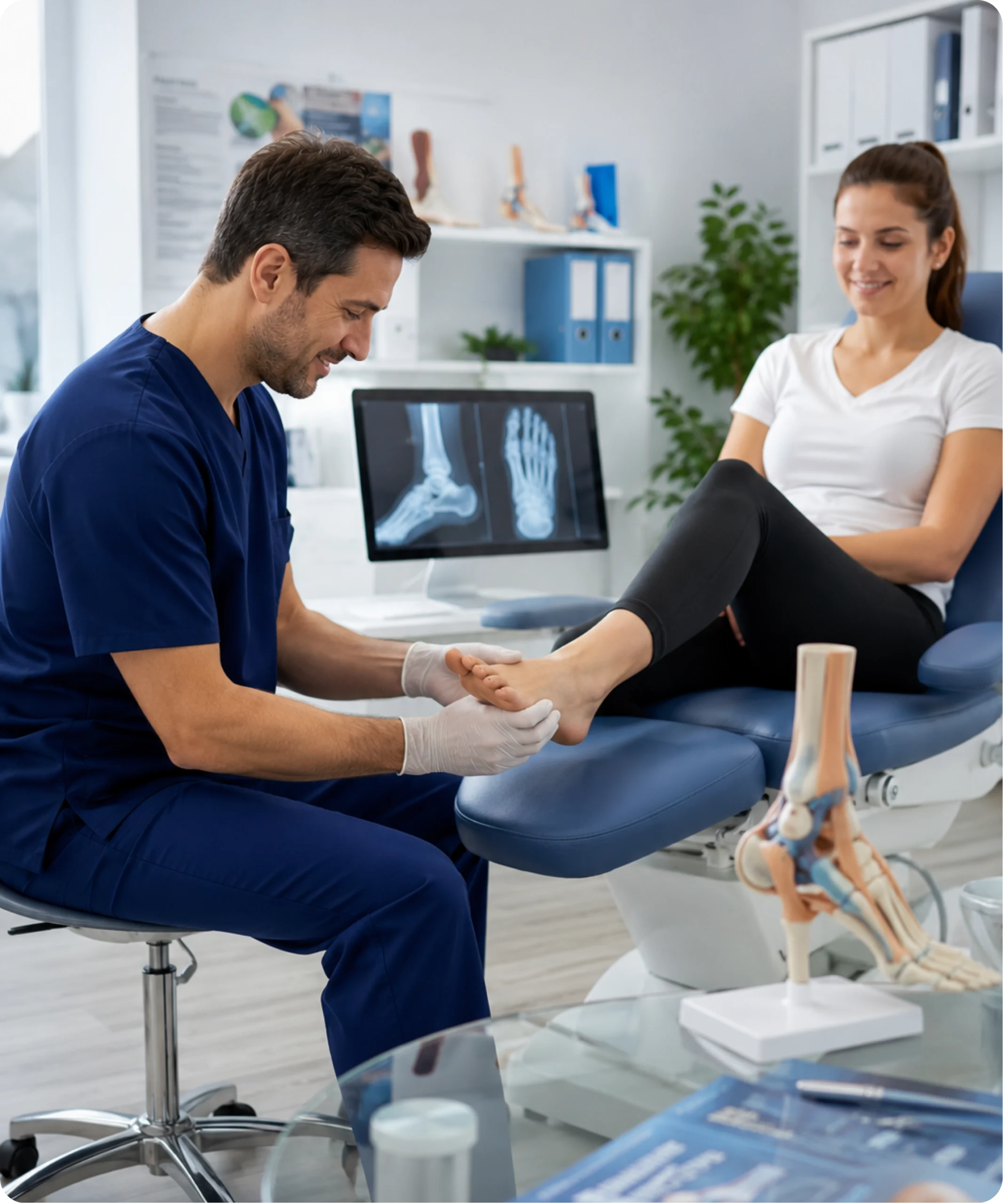 Podiatrist examining a patient's foot in a modern clinic