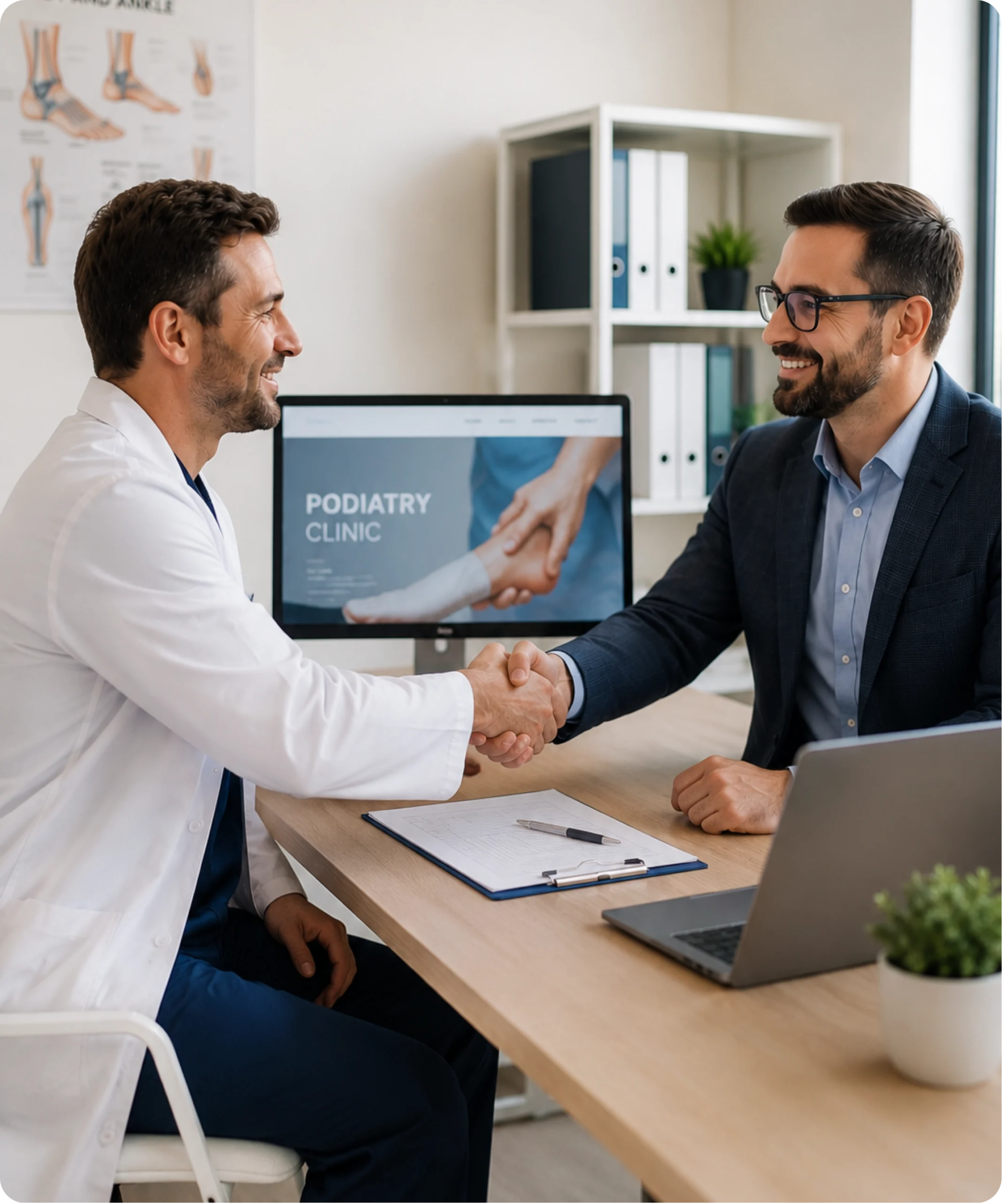 Podiatrist shaking hands with a marketing consultant during an audit meeting