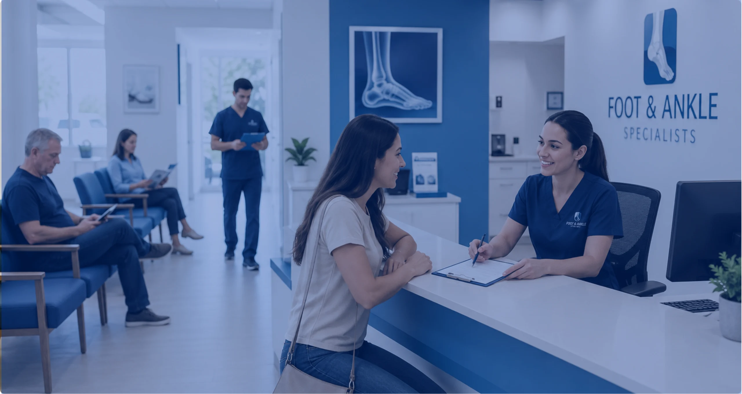 Patients at a busy Foot & Ankle Specialists clinic reception