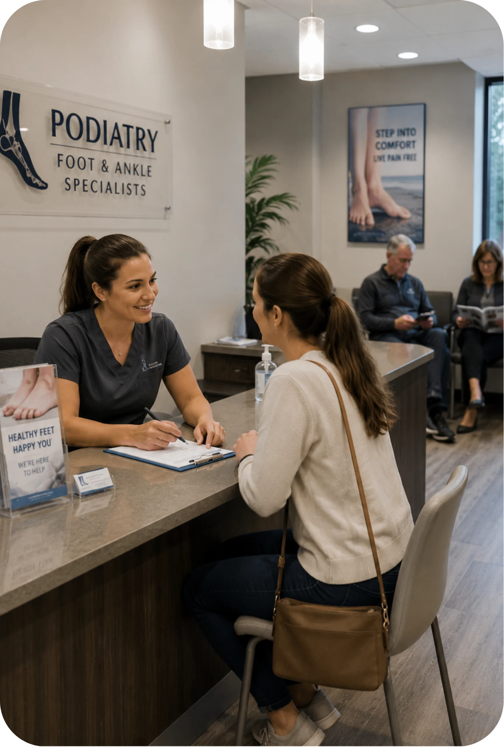 Patient checking in at a podiatry front desk