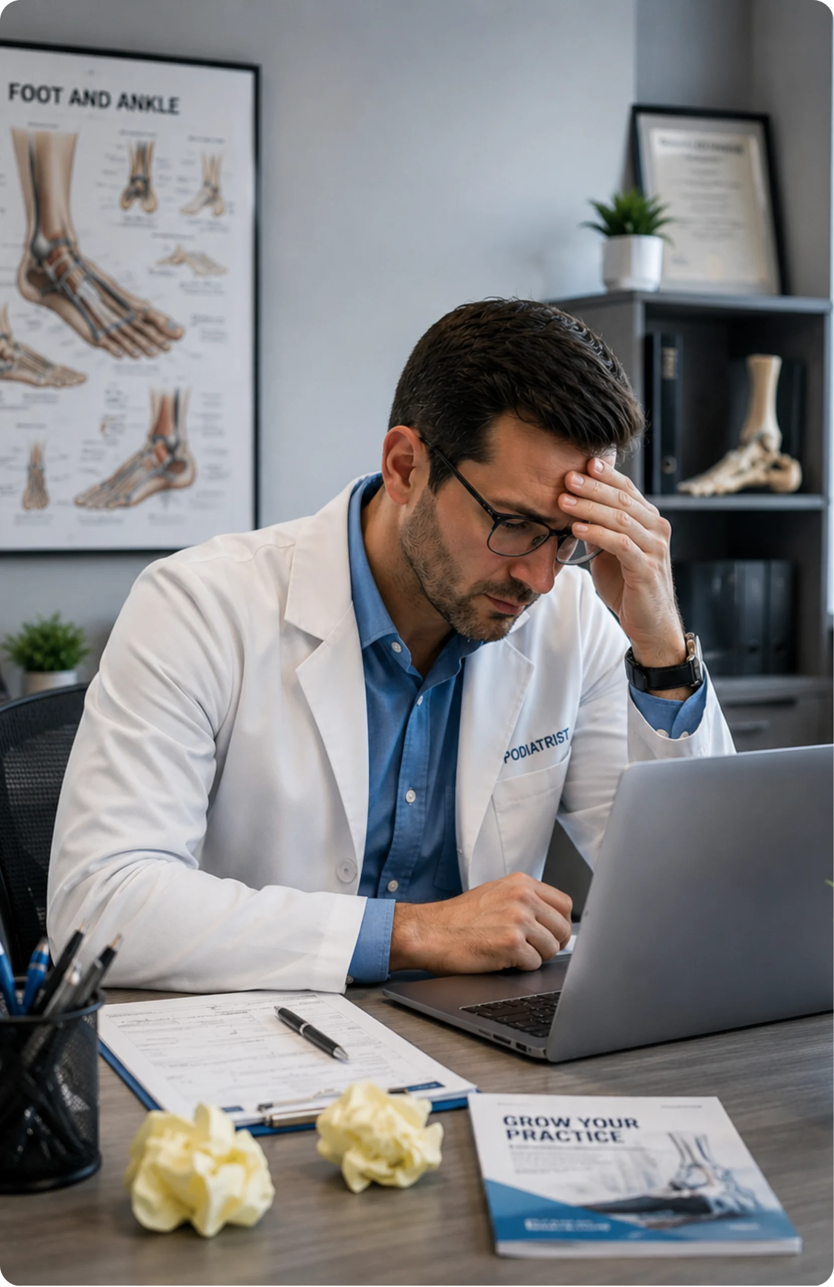 Frustrated podiatrist reviewing marketing results on a laptop
