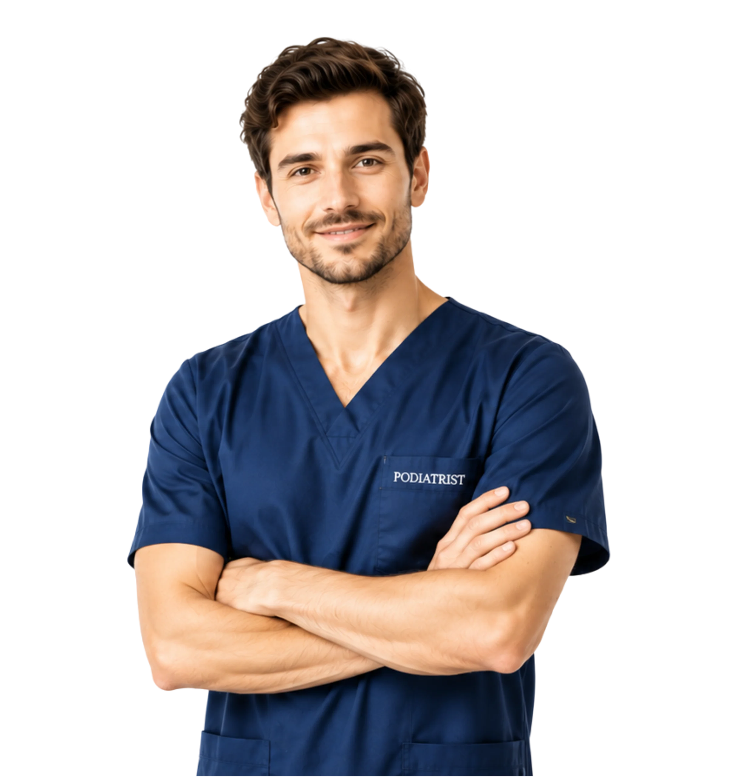 Podiatrist in navy scrubs with arms crossed
